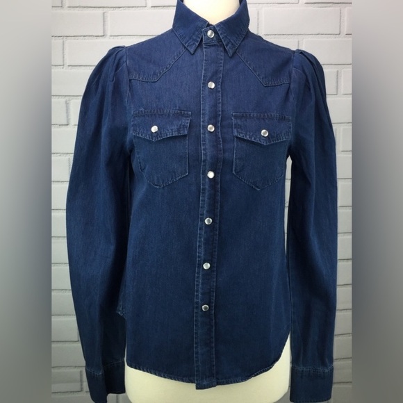 Torn by Ronny Kobo Denim Puff Sleeve Button Down in Dark Wash - Size S - Picture 4 of 8